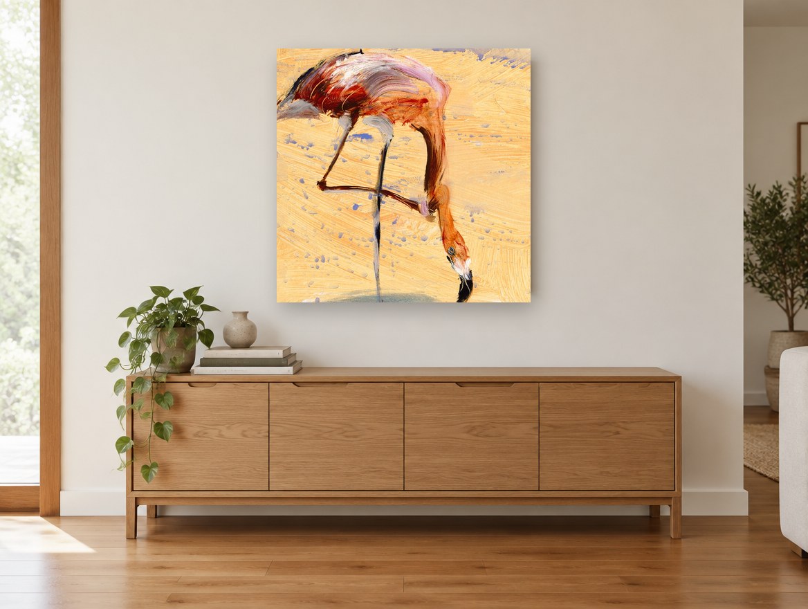 Feeding Flamingo Study animal canvas print on the wall of a living room above a sideboard