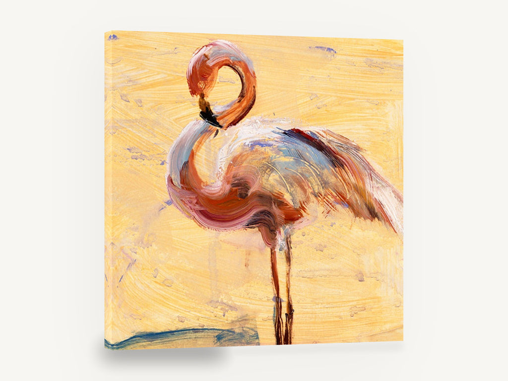 Preening Flamingo Study, flamingo expressive brushwork artwork, animal canvas wall art print ready to hang