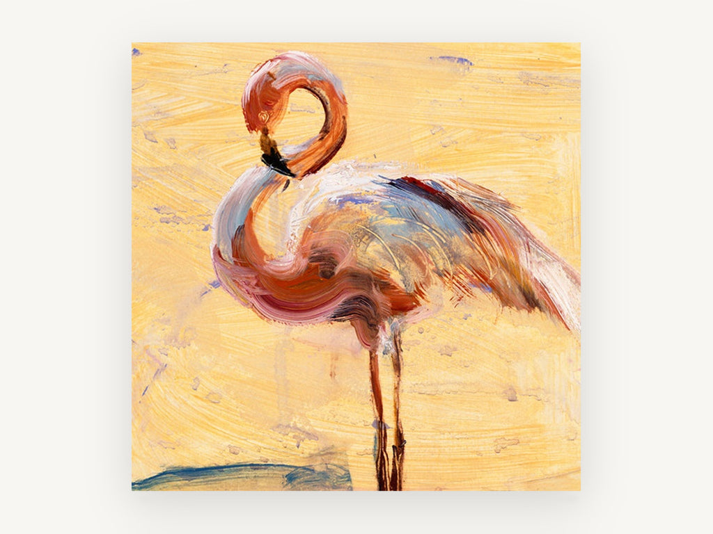 Preening Flamingo Study, flamingo expressive brushwork artwork, animal canvas wall art print, front view