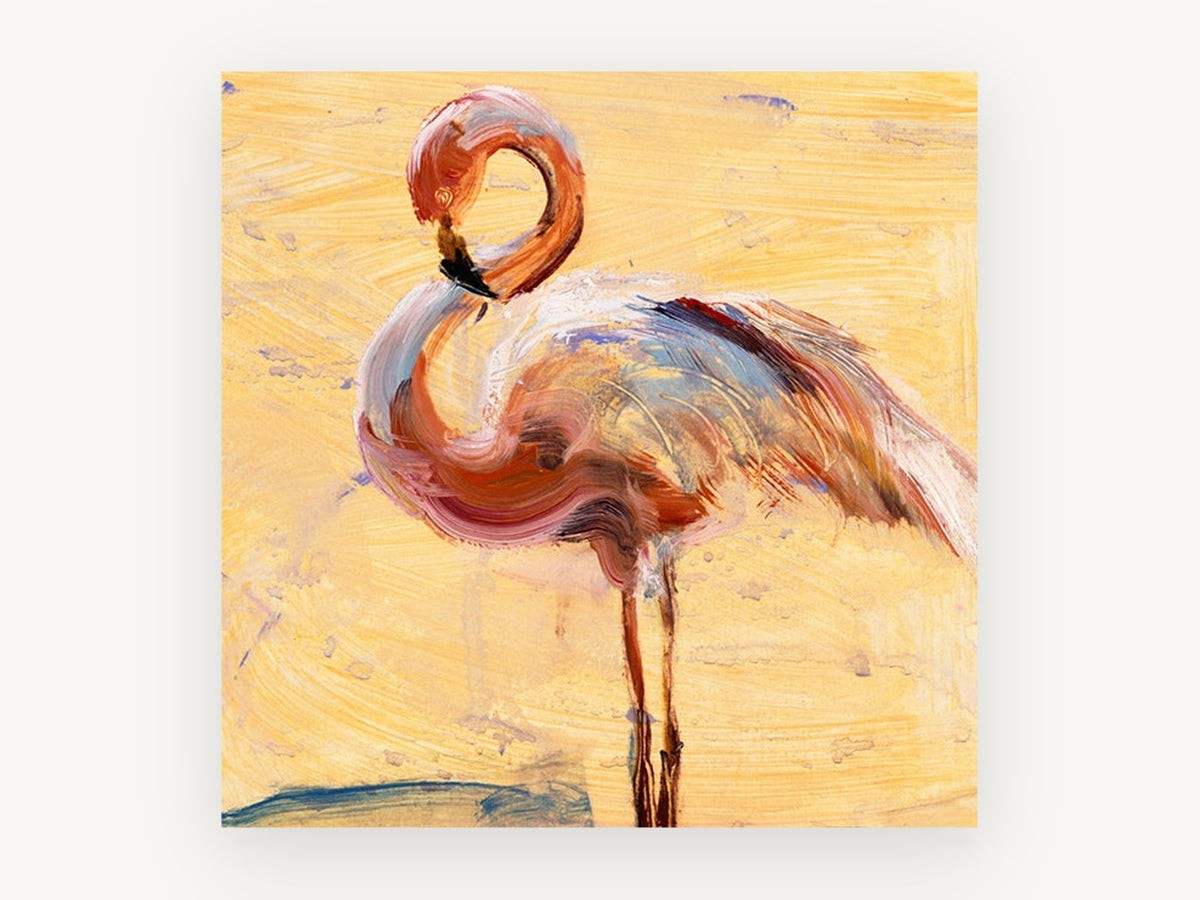 Preening Flamingo Study, flamingo expressive brushwork artwork, animal canvas wall art print, front view