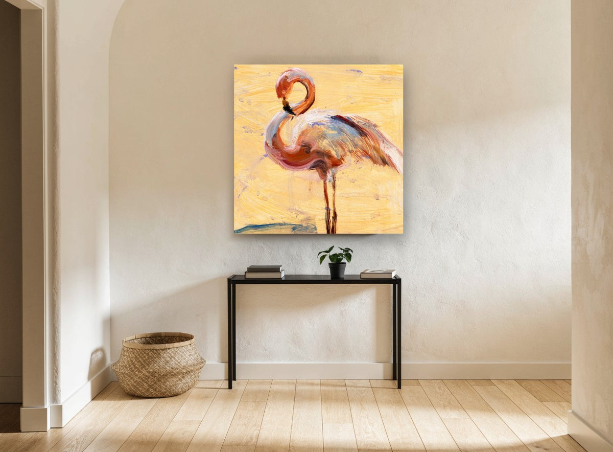 Preening Flamingo Study animal canvas print on the wall of a hallway