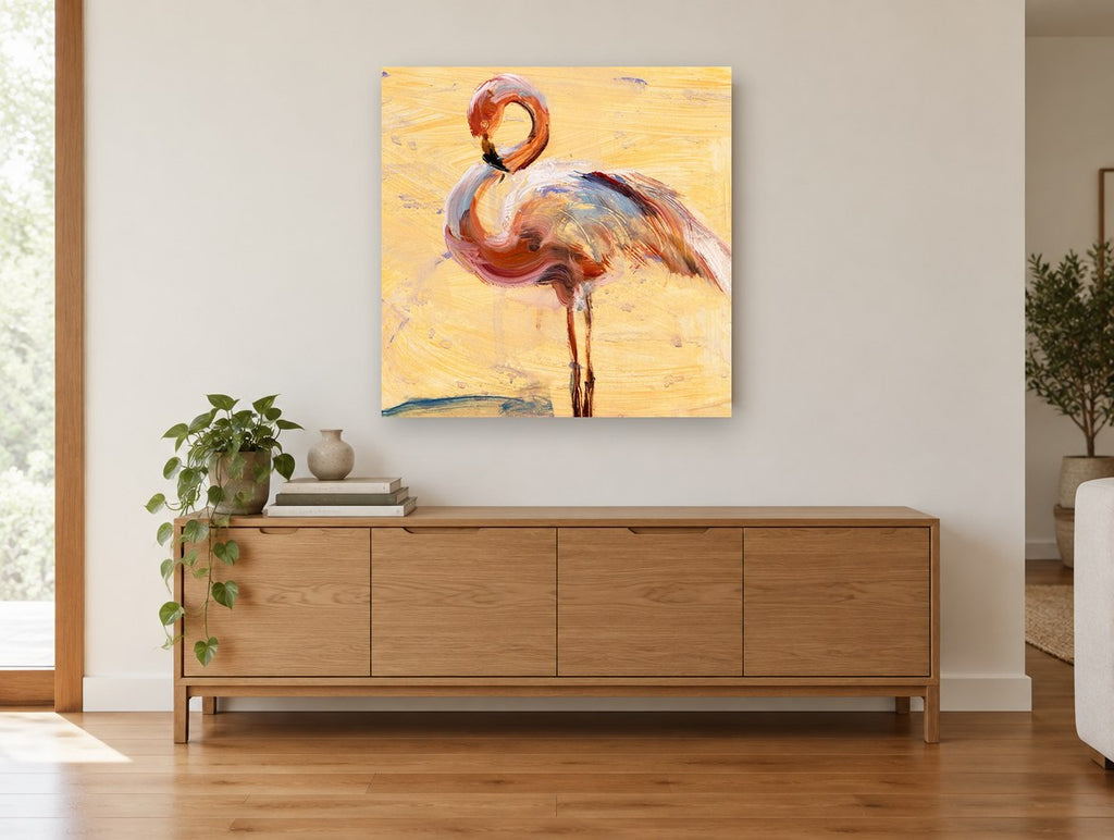Preening Flamingo Study animal canvas print on the wall of a living room above a sideboard
