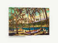 Palm Shade Outrigger, tropical palm beach outrigger canoe painting, coastal canvas wall art print ready to hang