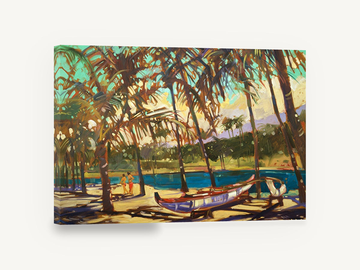 Palm Shade Outrigger, tropical palm beach outrigger canoe painting, coastal canvas wall art print ready to hang