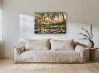 Palm Shade Outrigger coastal canvas print on the wall of a living room
