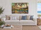 Palm Shade Outrigger coastal canvas print on the wall of a beach house living room