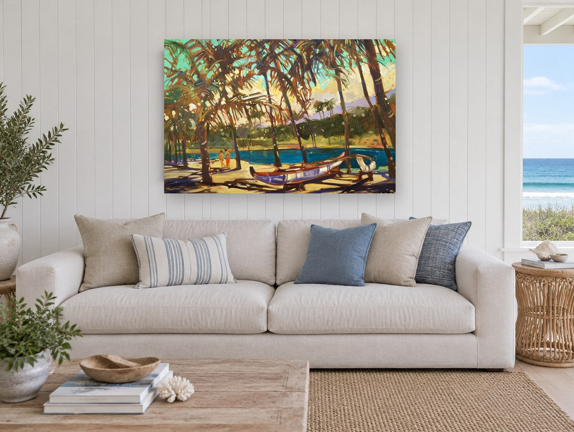 Palm Shade Outrigger coastal canvas print on the wall of a beach house living room