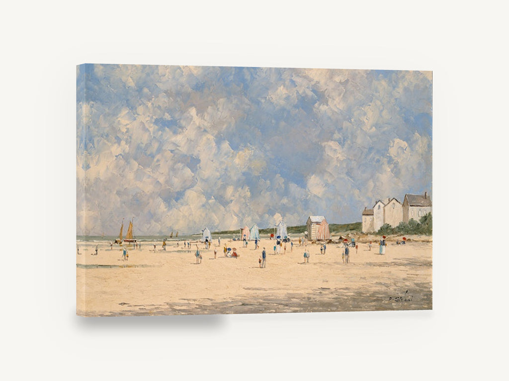 Striped Tents Beach Day, vintage beach scene impressionist seascape, coastal canvas wall art print ready to hang