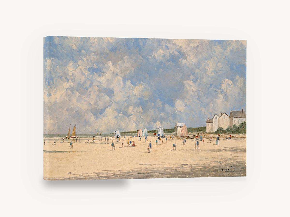 Striped Tents Beach Day, vintage beach scene impressionist seascape, coastal canvas wall art print ready to hang