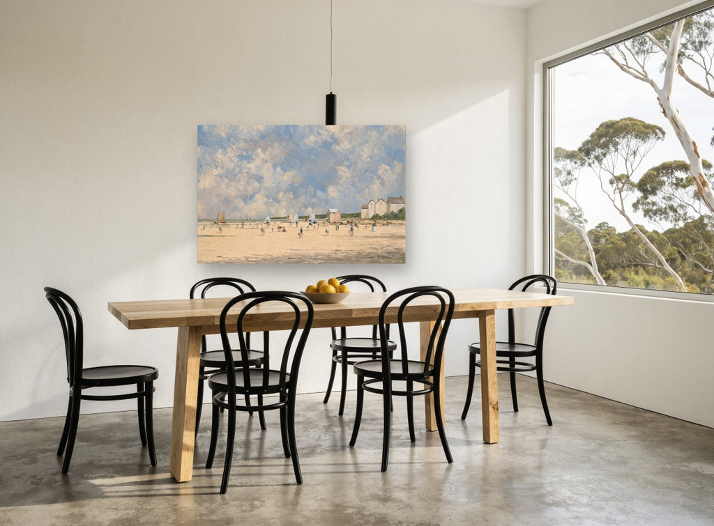 Striped Tents Beach Day coastal canvas print on the wall of a dining room
