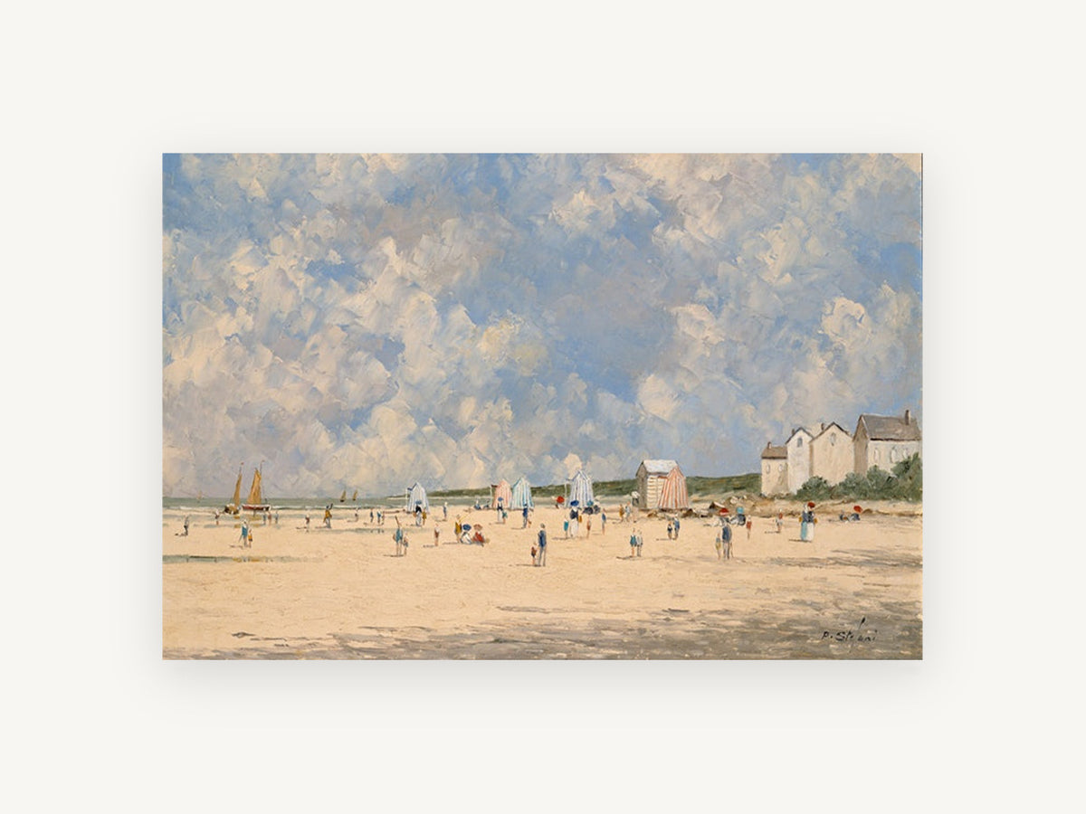 Striped Tents Beach Day, coastal canvas wall art print, front view