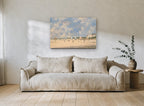 Striped Tents Beach Day coastal canvas print on the wall of a living room