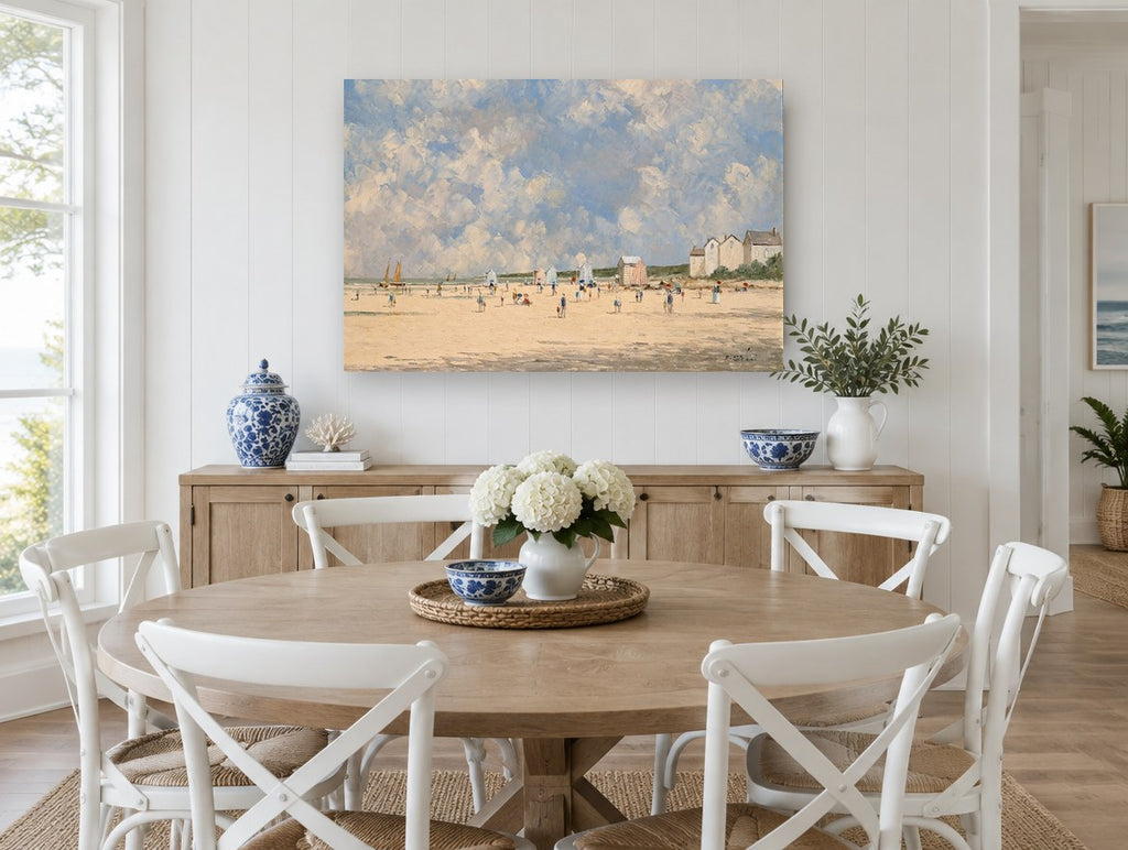 Striped Tents Beach Day coastal canvas print on the wall of a Hamptons dining room
