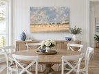 Striped Tents Beach Day coastal canvas print on the wall of a Hamptons dining room
