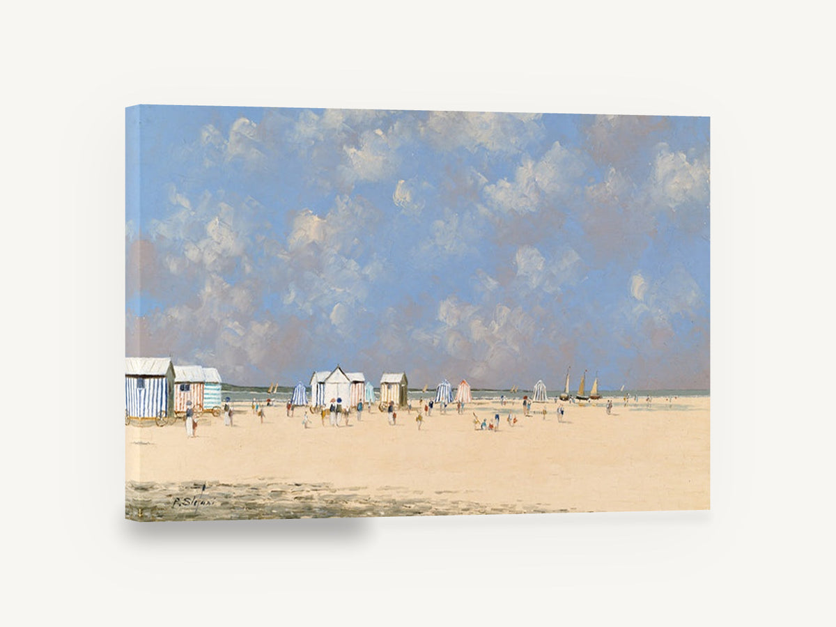 Striped Huts on Sunny Sand, beach huts seaside painting scene, coastal canvas wall art print ready to hang