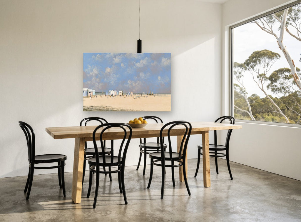 Striped Huts on Sunny Sand coastal canvas print on the wall of a dining room