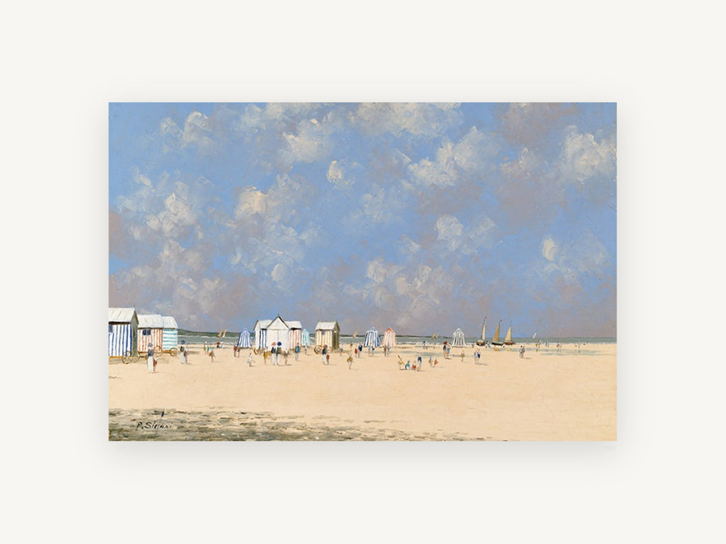 Striped Huts on Sunny Sand, coastal canvas wall art print, front view