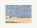 Striped Huts on Sunny Sand, coastal canvas wall art print, front view