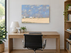 Striped Huts on Sunny Sand coastal canvas print on the wall of a study