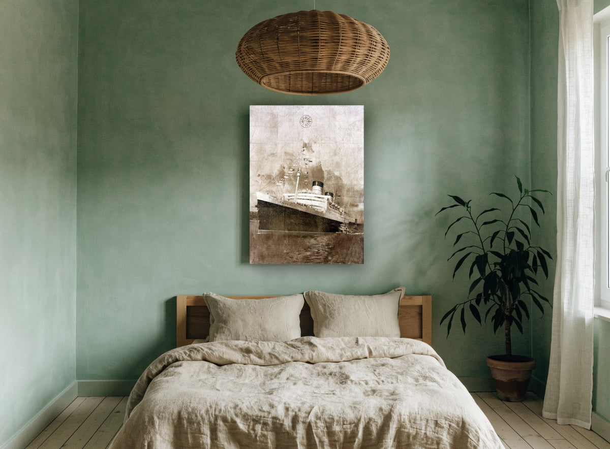 Ocean Liner Dressed Overall vintage canvas print on the wall of a bedroom