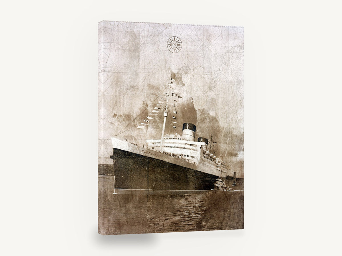 Ocean Liner Dressed Overall, vintage ocean liner nautical map, stretched canvas wall art print ready to hang