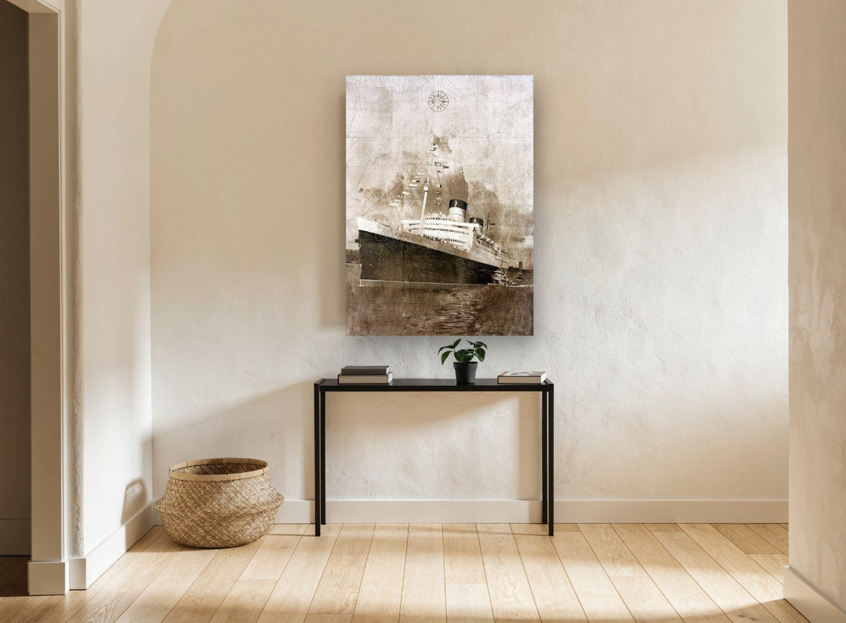 Ocean Liner Dressed Overall vintage canvas print on the wall of a hallway
