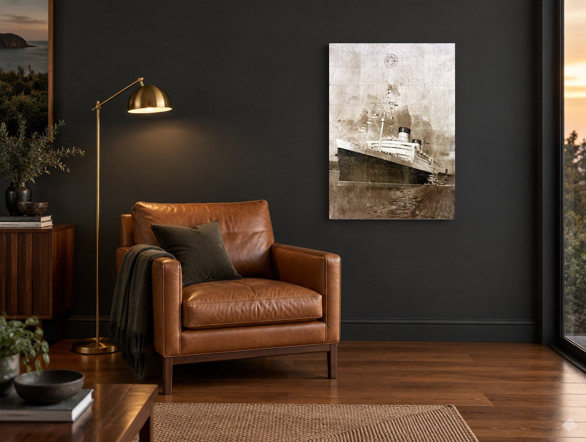 Ocean Liner Dressed Overall vintage canvas print on the wall of a charcoal living room