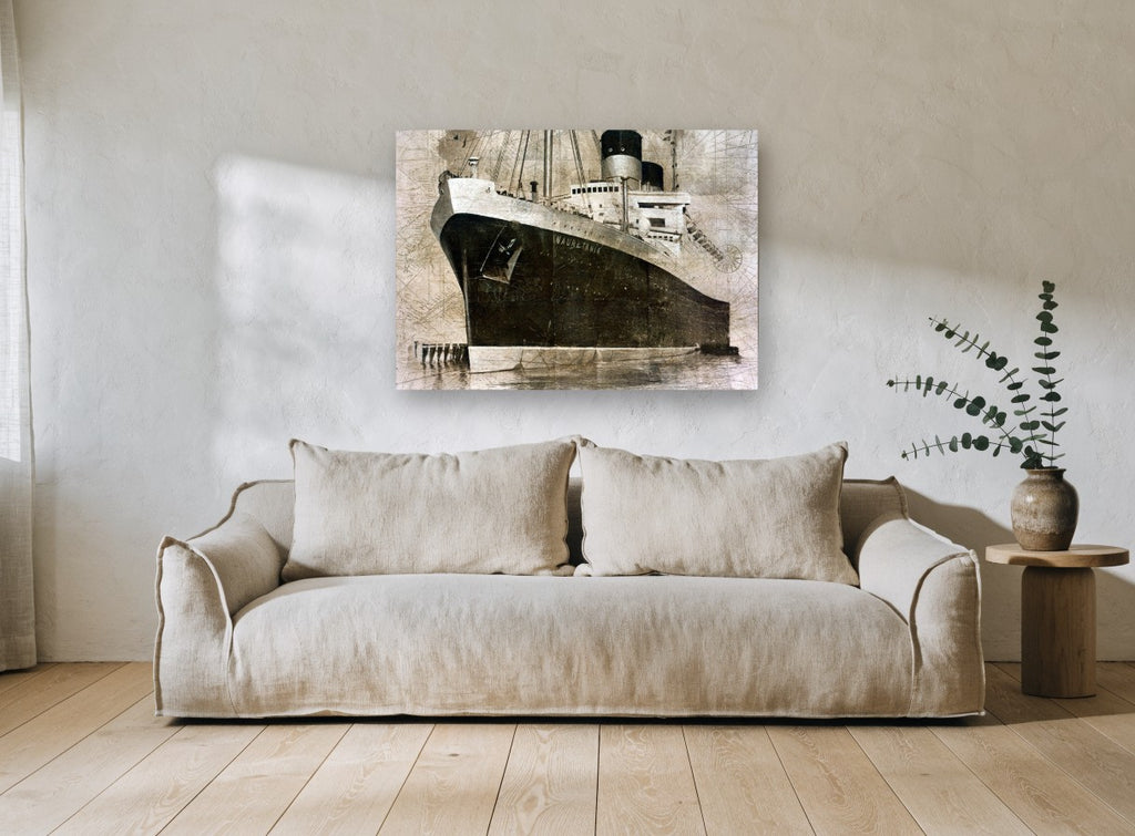 Mauretania at Berth vintage canvas print on the wall of a living room