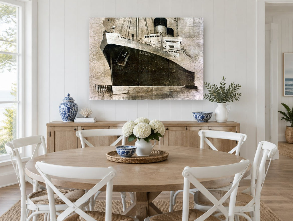 Mauretania at Berth vintage canvas print on the wall of a Hamptons dining room