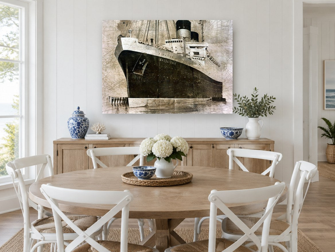 Mauretania at Berth vintage canvas print on the wall of a Hamptons dining room