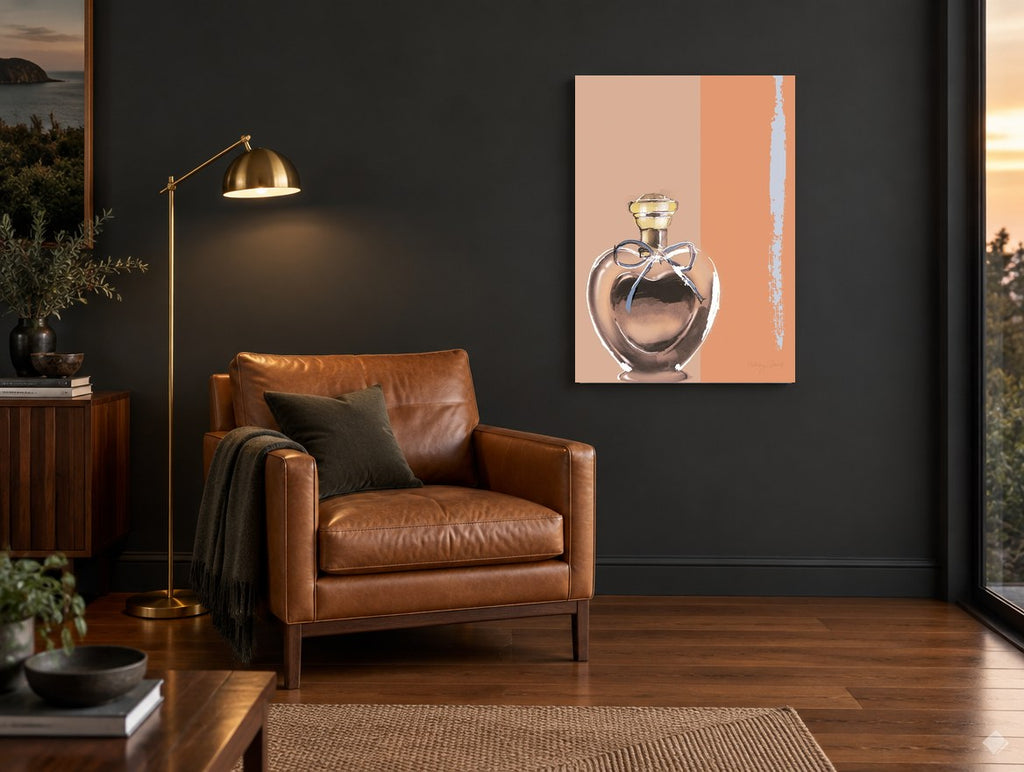 Heart Perfume Bottle vintage canvas print on the wall of a charcoal living room