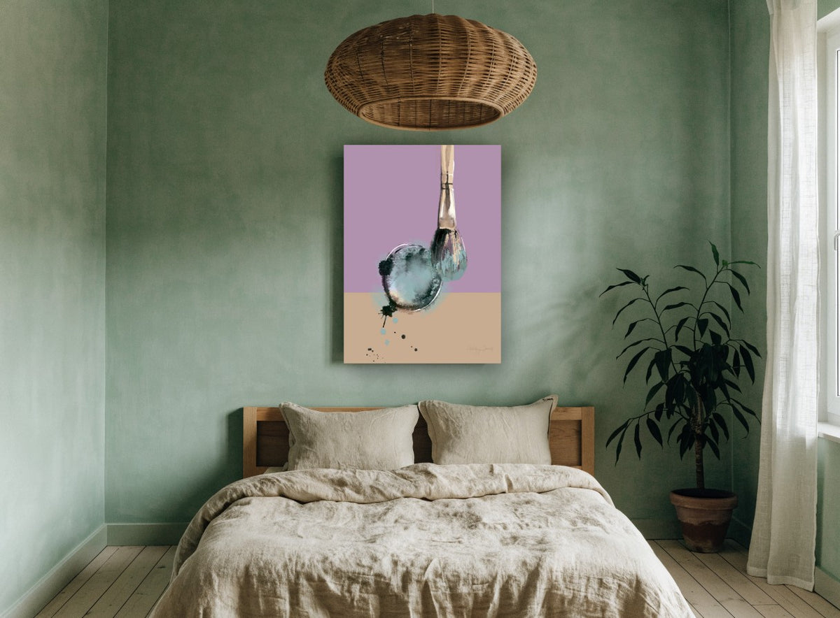 Teal Brush Swirl vintage canvas print on the wall of a bedroom