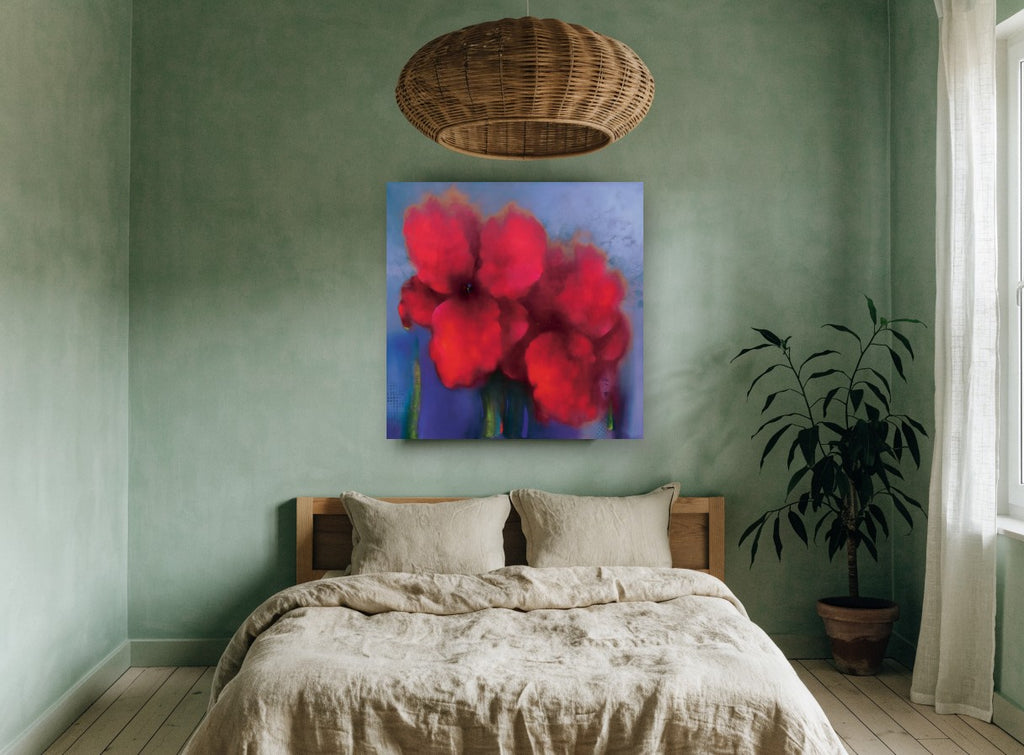 Crimson Haze Blooms floral canvas print on the wall of a bedroom
