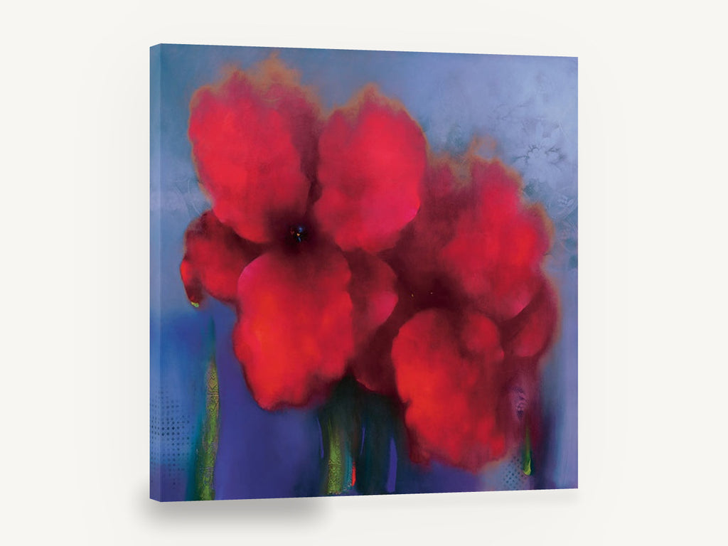 Crimson Haze Blooms, red poppy flowers soft abstract floral, floral canvas wall art print ready to hang