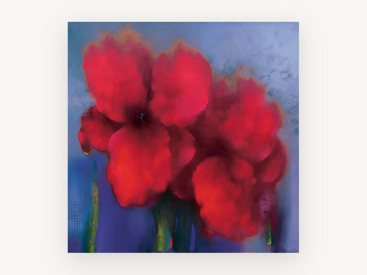 Crimson Haze Blooms, floral canvas wall art print, front view