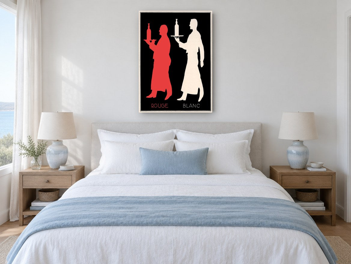 Rouge et Blanc Waiters vintage canvas print on the wall of a coastal bedroom