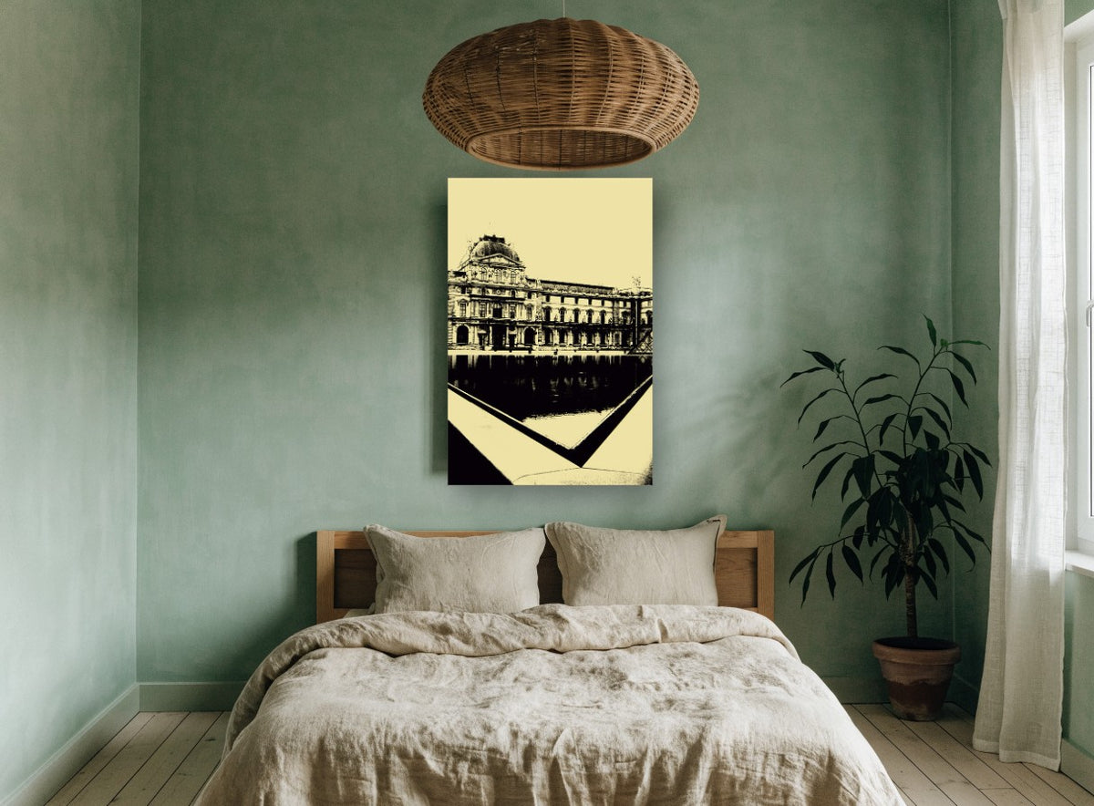 Louvre Courtyard in Cream city canvas print on the wall of a bedroom