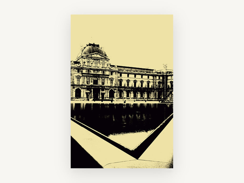 Louvre Courtyard in Cream, louvre paris black and cream photograph, city canvas wall art print, front view
