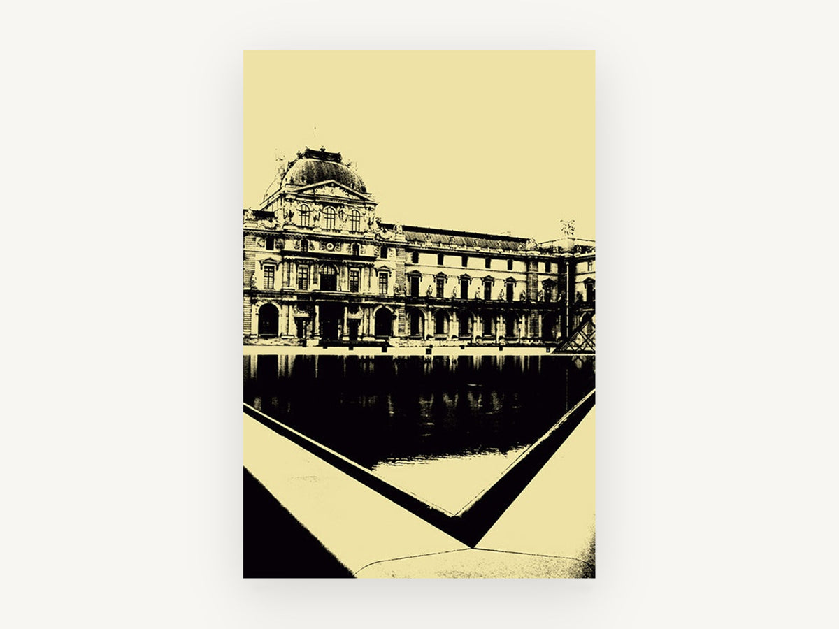 Louvre Courtyard in Cream, louvre paris black and cream photograph, city canvas wall art print, front view