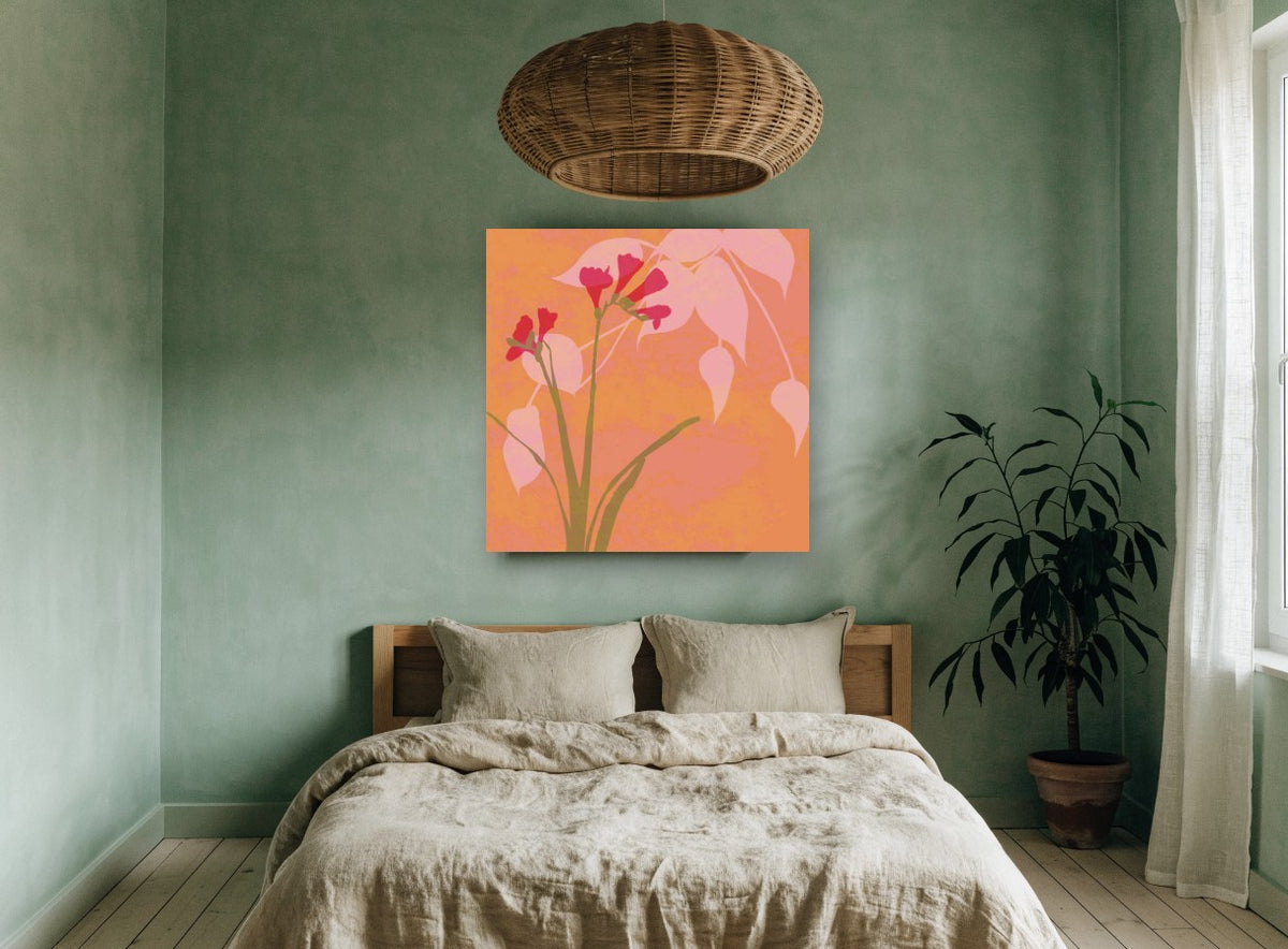 Coral Freesia Silhouette floral canvas print on the wall of a bedroom