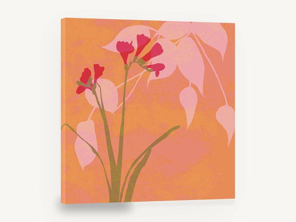 Coral Freesia Silhouette, pink freesia silhouette floral illustration, floral canvas wall art print ready to hang