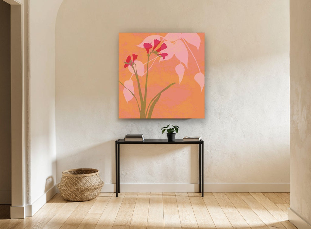 Coral Freesia Silhouette floral canvas print on the wall of a hallway