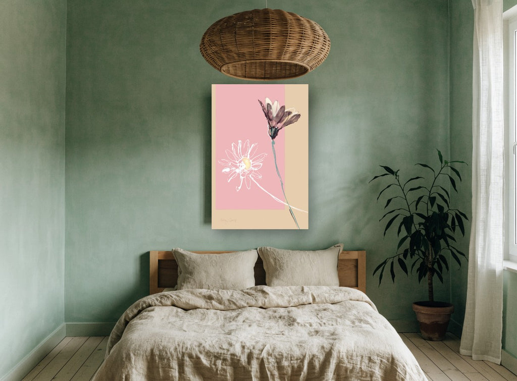 Two Daisies on Blush floral canvas print on the wall of a bedroom