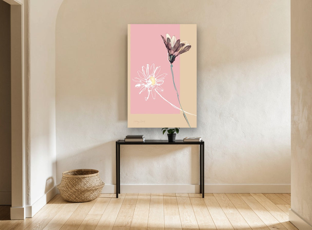 Two Daisies on Blush floral canvas print on the wall of a hallway