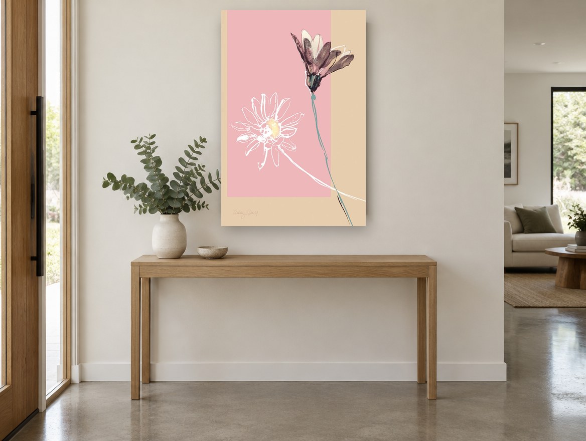 Two Daisies on Blush floral canvas print on the wall of a entry hall