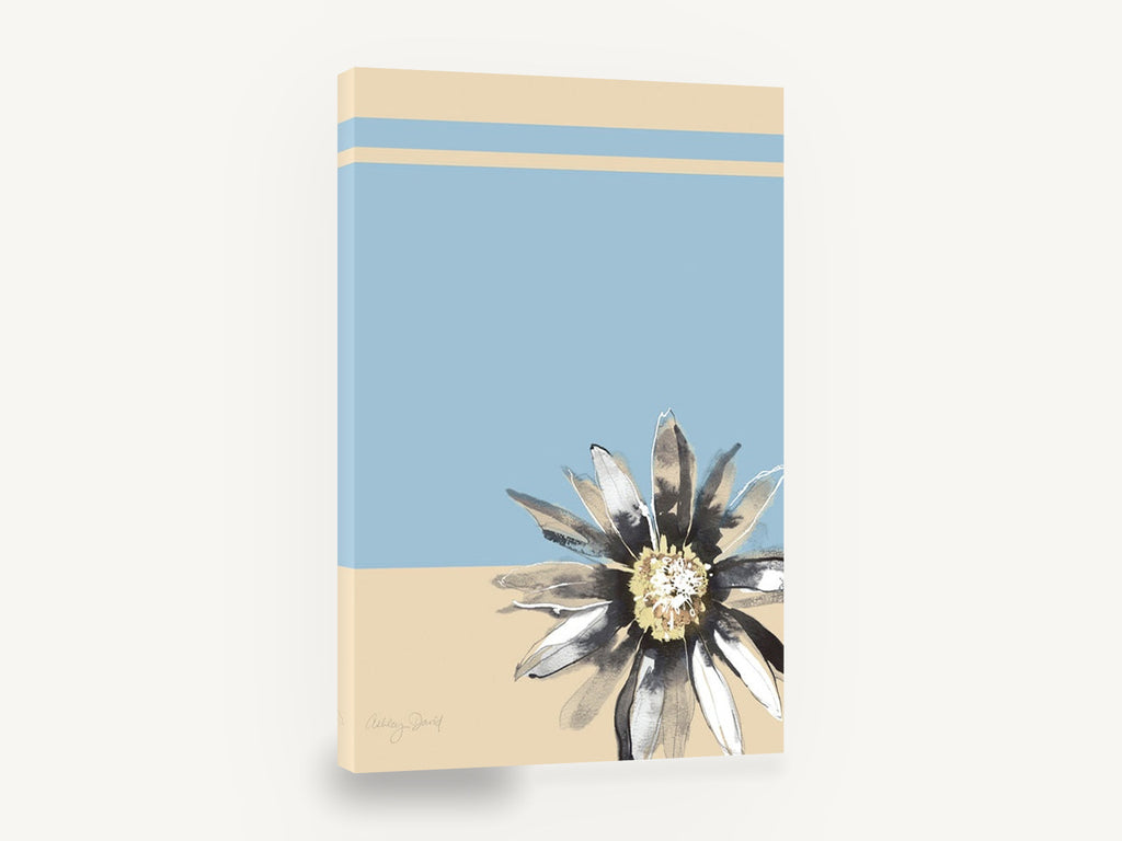 Ink Daisy on Blue, ink wash daisy blue beige floral, floral canvas wall art print ready to hang