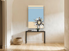 Ink Daisy on Blue floral canvas print on the wall of a hallway