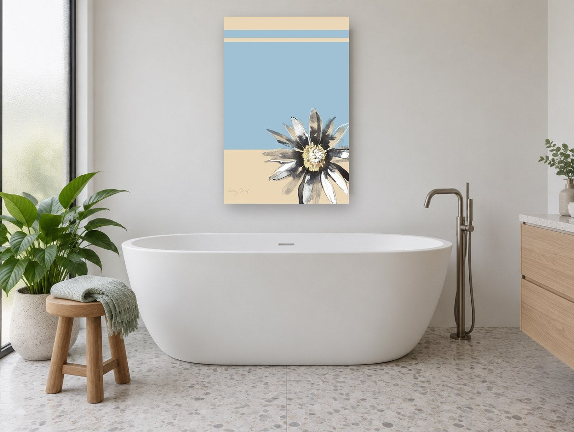 Ink Daisy on Blue floral canvas print on the wall of a bathroom