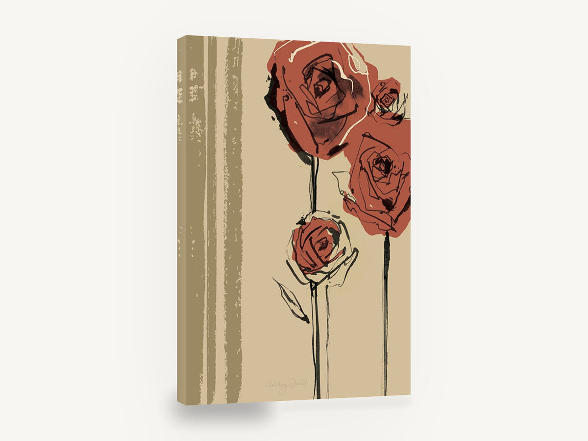 Rust Roses on Sand, rust red roses ink illustration, floral canvas wall art print ready to hang