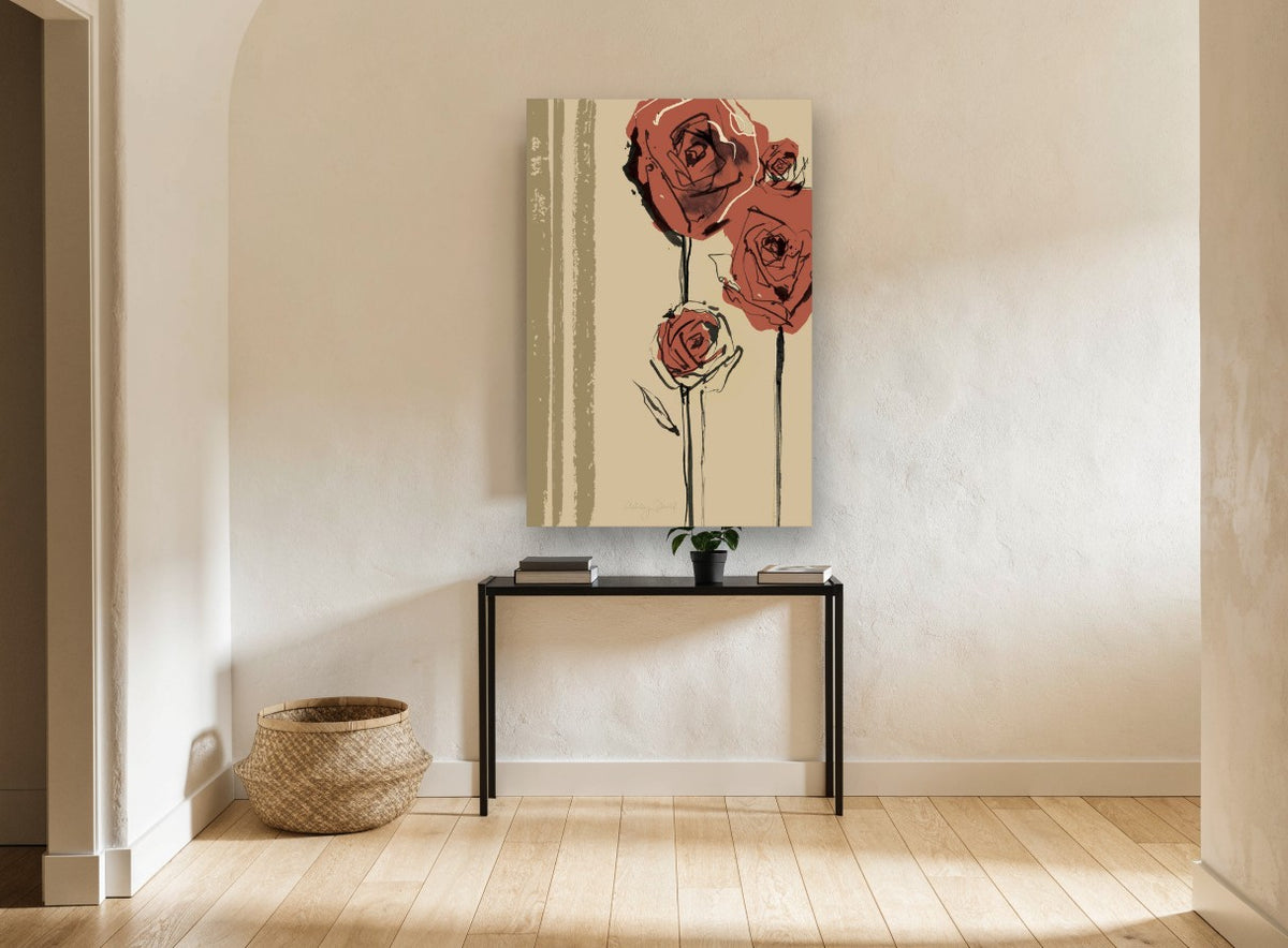 Rust Roses on Sand floral canvas print on the wall of a hallway